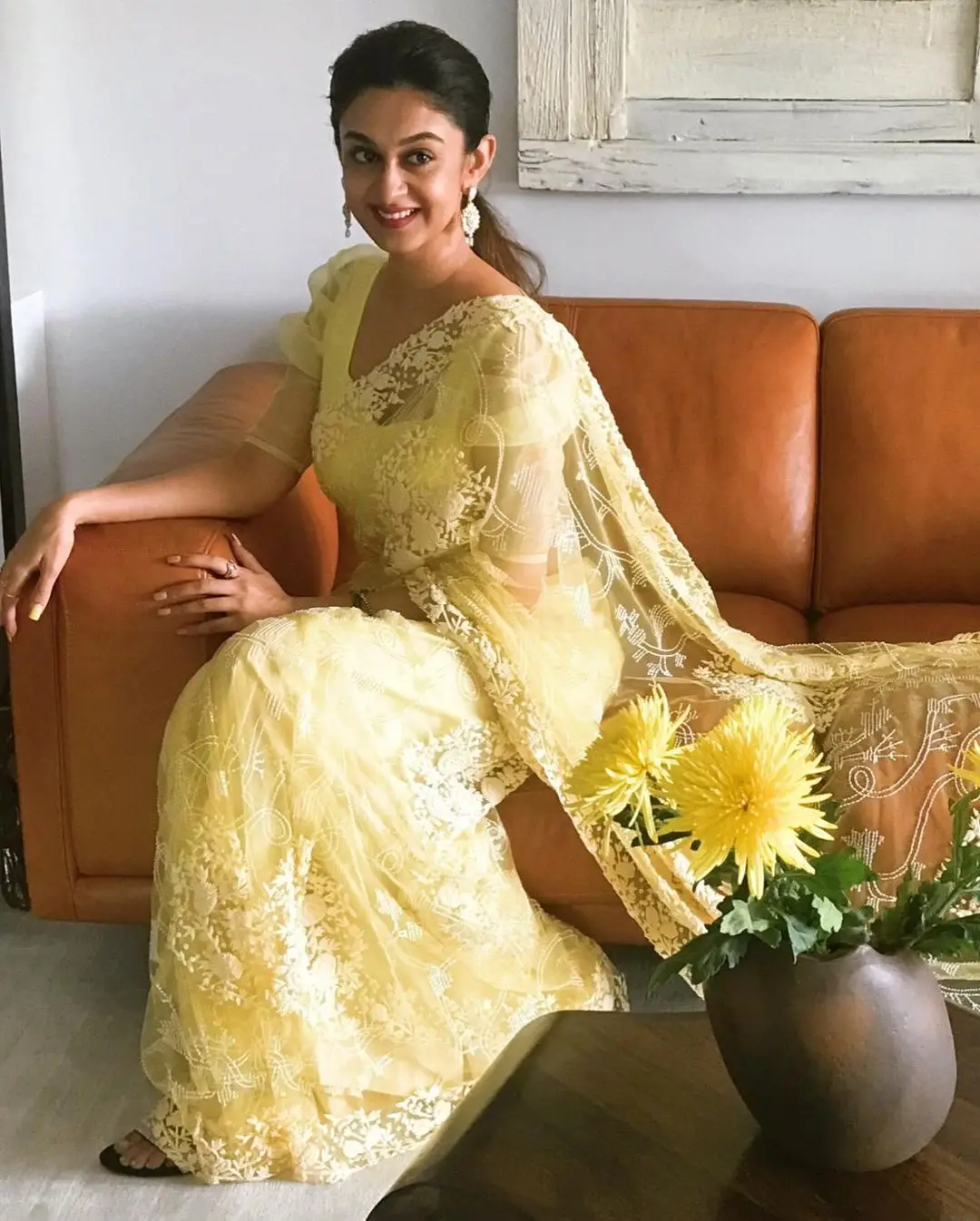 Indian Girl Aishwarya Arjun In Traditional Lemon Yellow Saree Sleeveless Blouse